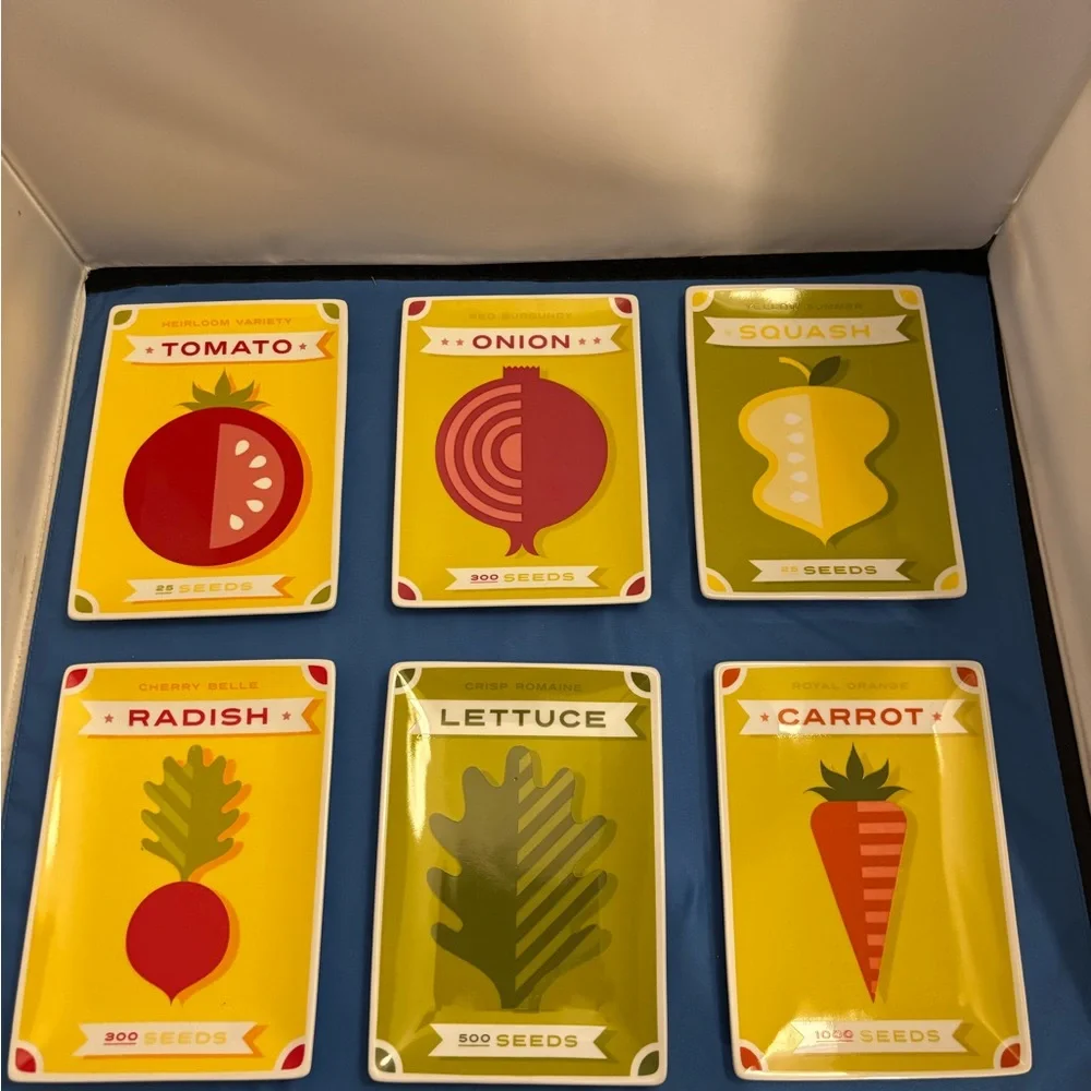 Crate and Barrel Vegetables appetizer plates. They feature bold vegetable design